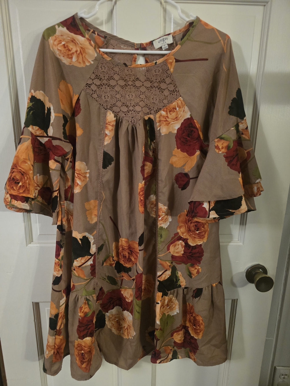 Umgee Taupe Floral Lace Yoke Bell Sleeve Mini Dress #272